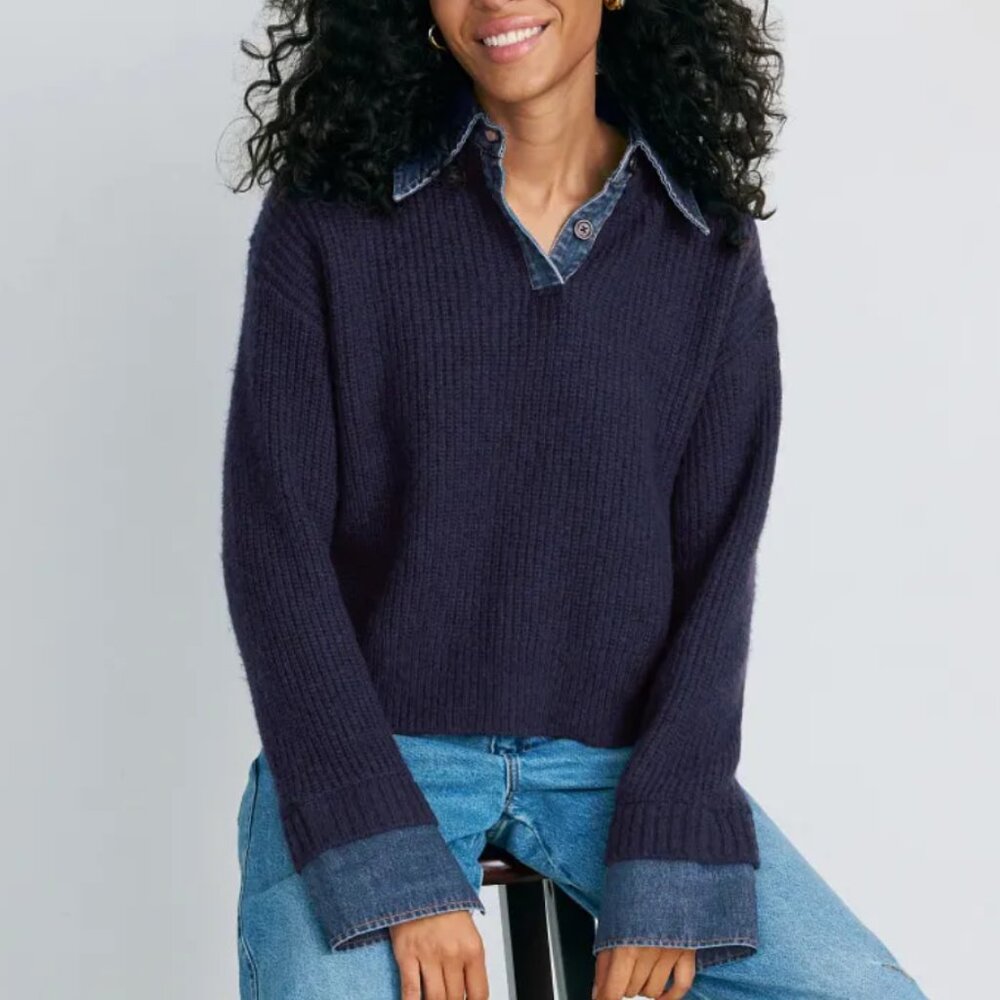 LE JEAN Harvey Denim Collar Sweater Navy Dark Blue Knit Long Sleeve Shirt Medium